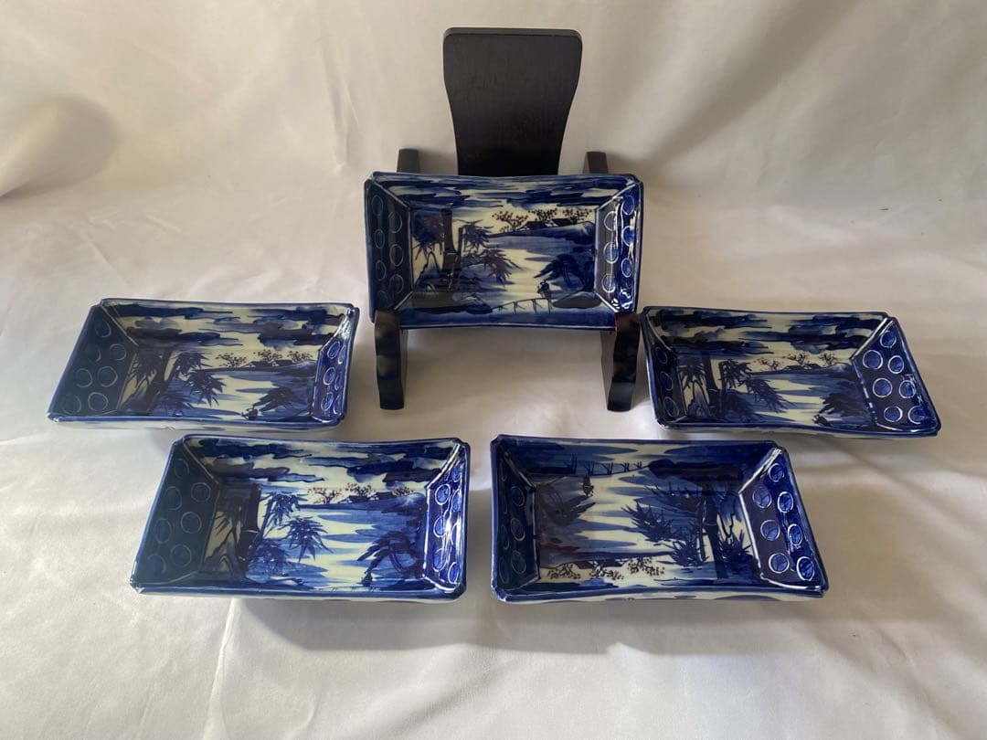 骨董　古伊万里　明治　ベロ藍　長角皿　5客セット