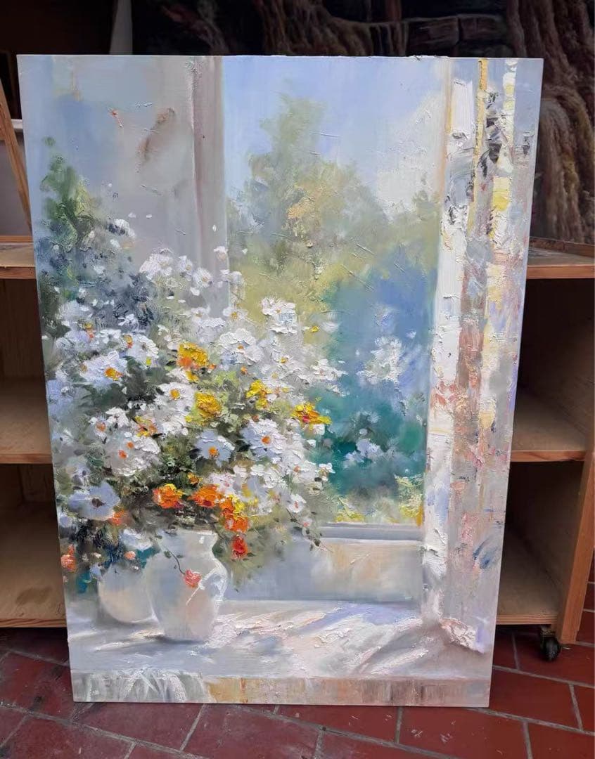 風景画 花瓶の花 油彩 大き/-