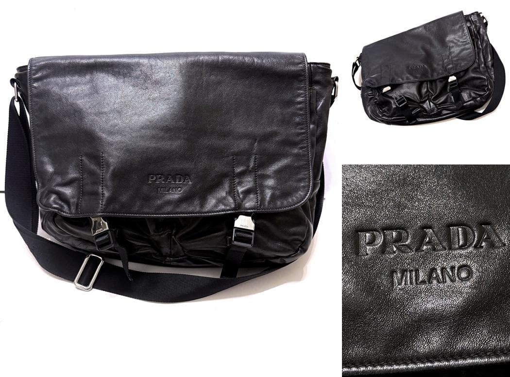 プラダ　レザー　メッセンジャー ショルダー バッグ　ハイエンド　定価35万　ロゴ