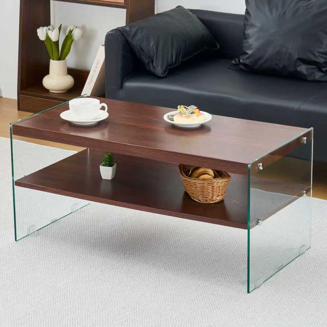 【新品】MDF天板×強化ガラス脚 ローテーブル 収納付き ホワイト