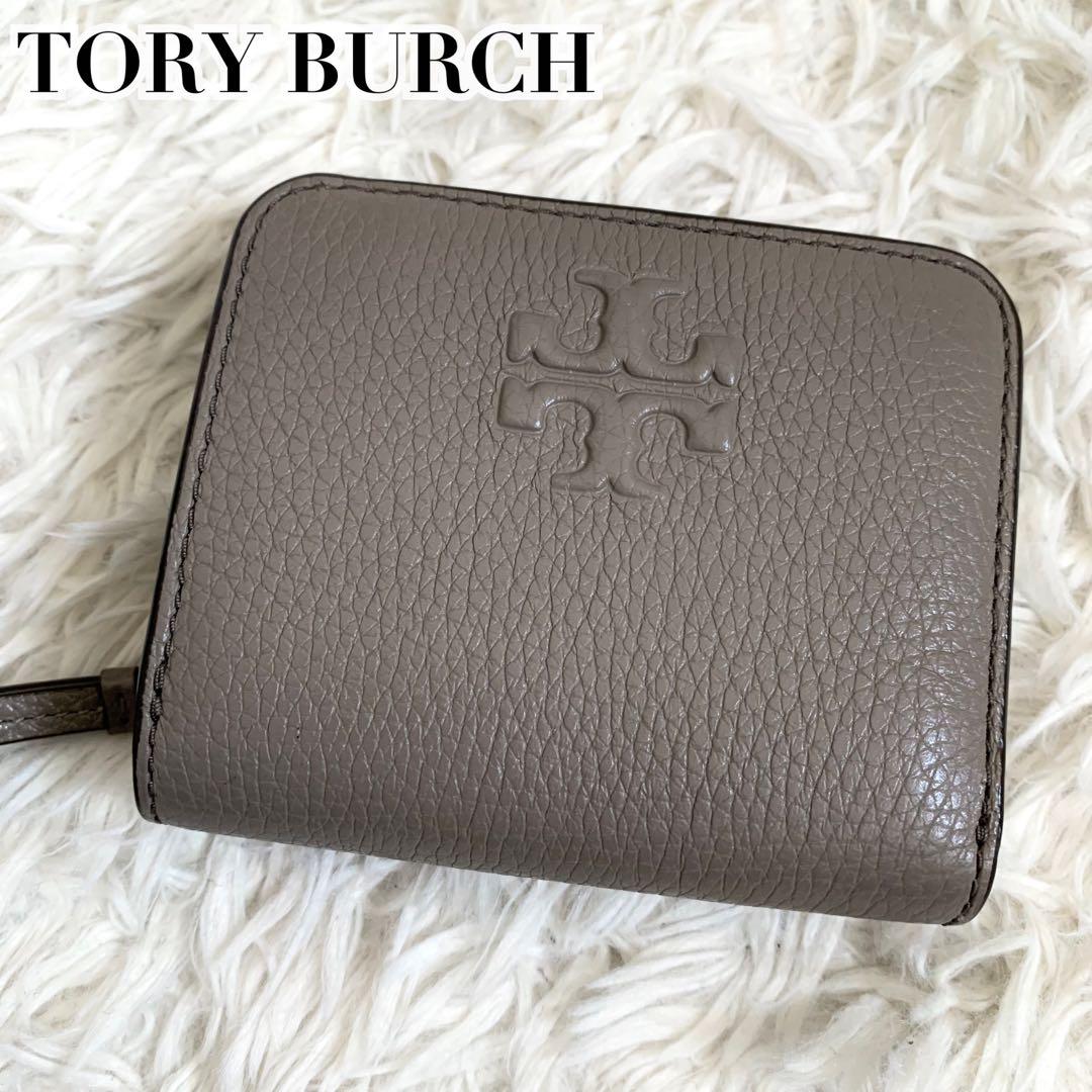 極美品✨トリーバーチ 折り財布 テア ロゴ レザー ジップ ケース グレー