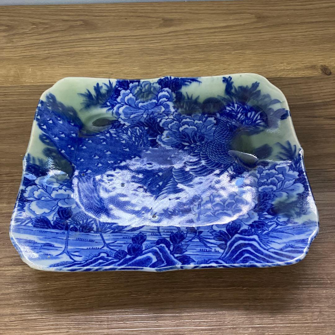 D-5時代物 伊万里焼 染付 孔雀図 牡丹図 舟形角皿 平皿 飾皿 骨董